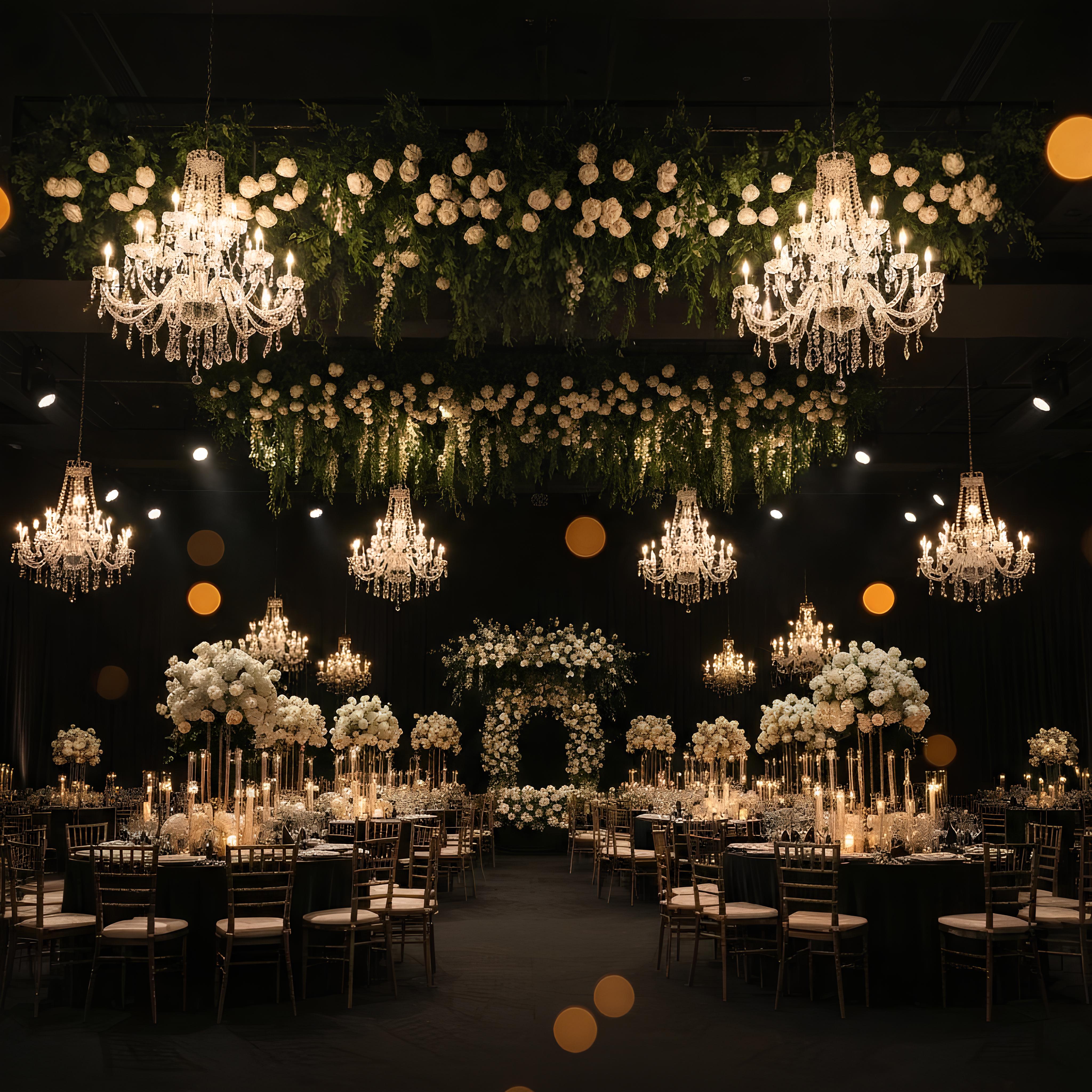 Luxury wedding reception with chandeliers and floral installations